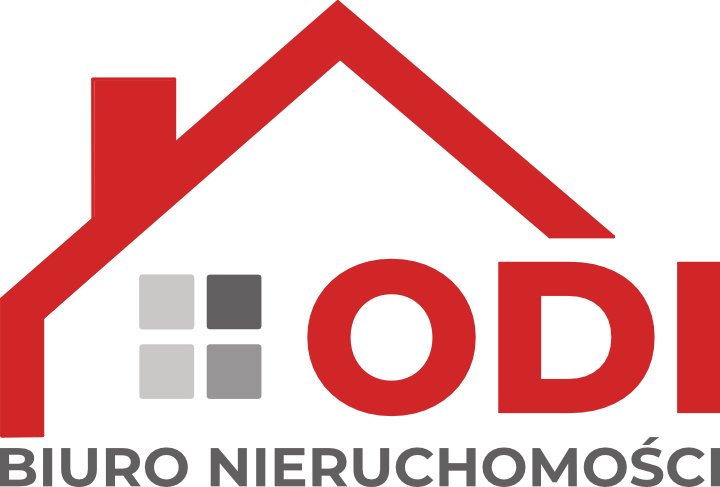 Logo biura nieruchomości ODI - czerwony kontur dachu, cztery szare kwadraty i napis ODI BIURO NIERUCHOMOŚCI.